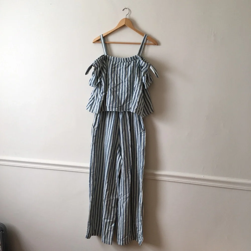Madewell Blue & White Striped Cold Shoulder Cropped Jumpsuit
